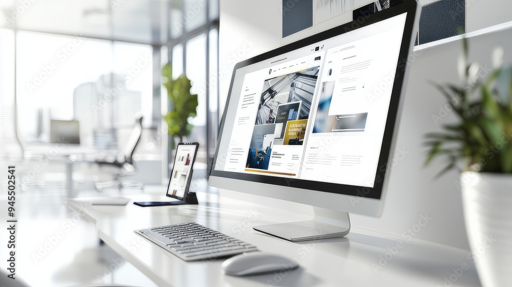 Fototapete modern computer display on an office desk with a web design studio concept page. web design company 