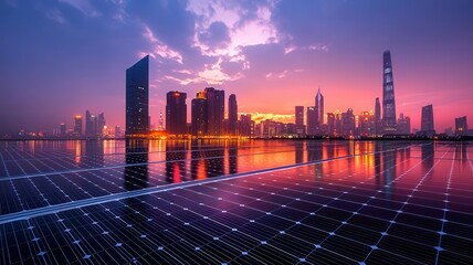 Reflective solar panels, futuristic skyline, sustainable energy, city at night