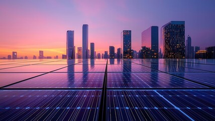 Reflective solar panels, futuristic skyline, sustainable energy, city at night