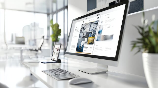 Modern computer display on an office desk with a web design studio concept page. Web design company presentation