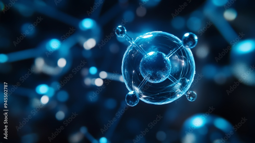 Poster This high-tech molecular image features a molecular structure illuminated in blue lights, conveying a sense of scientific discovery and modern technological progress.