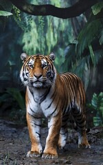 Obraz premium A photo captures a tiger in the jungle, standing on muddy ground with its head raised and eyes intently focused. The tiger's expression is both majestic and intense.