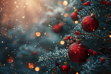 Red crystal sphere hanging from the Christmas tree. Close up. Christmas background with copy space.