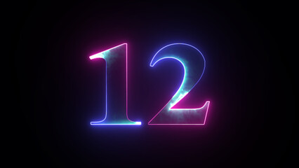 Abstract glowing neon number 12. Blue and purple neon futuristic effect. Trendy glow lighting