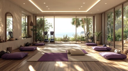 Serene Coastal Yoga Studio: Immerse yourself in tranquility with this breathtaking yoga studio, boasting floor-to-ceiling windows framing a picturesque beach view. Natural light bathes the space.