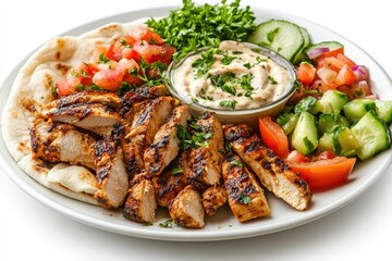 A plate of grilled chicken with fresh vegetables and sauce, served with flatbread.