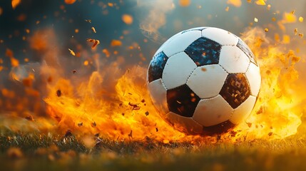 Naklejka premium A soccer ball ignites in flames during a vibrant outdoor game in autumn