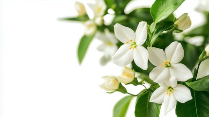 Fototapeta premium Close-Up Image of Crape Jasmine Plant Isolated on White Background with Delicate White Flowers and Green Leaves