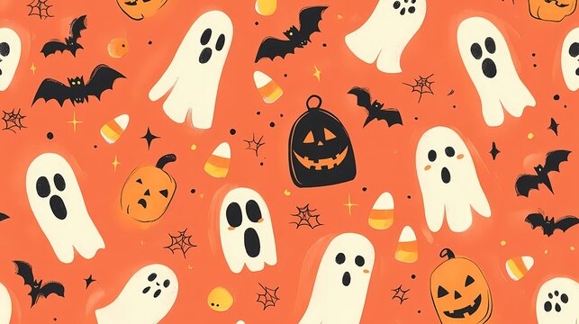 Cute Halloween Ghosts Illustration with Pumpkins