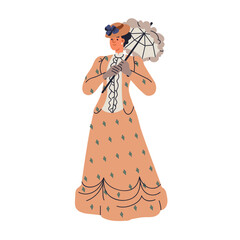 Woman in 19th-century elegant dress. Vintage Victorian era fashion. Noble rich lady in historical clothes, wearing hat and parasol, umbrella. Flat vector illustration isolated on white background