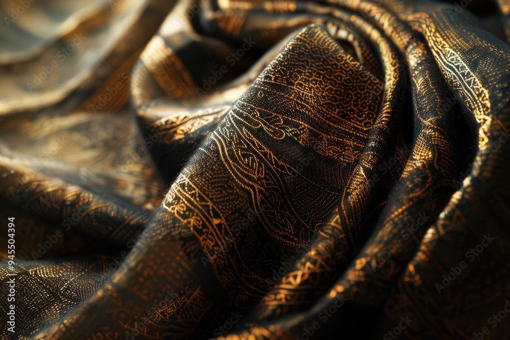 Poster close-up shot of textured black and gold fabric with intricate patterns