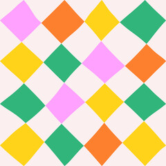 Seamless abstract geometric pattern of multicolored rhombuses in a row on a light background, harlequin motifs, hand drawn illustration