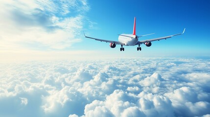 Obraz premium Passenger Airplane Flying Over Majestic Clouds with Clear Blue Sky in Background