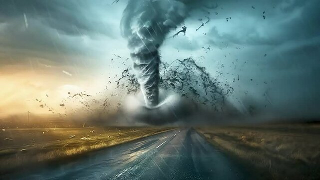 a tornado  and  birds  flying