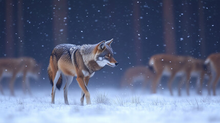 A lone wolf is walking through the snow, with a herd of deer in the background