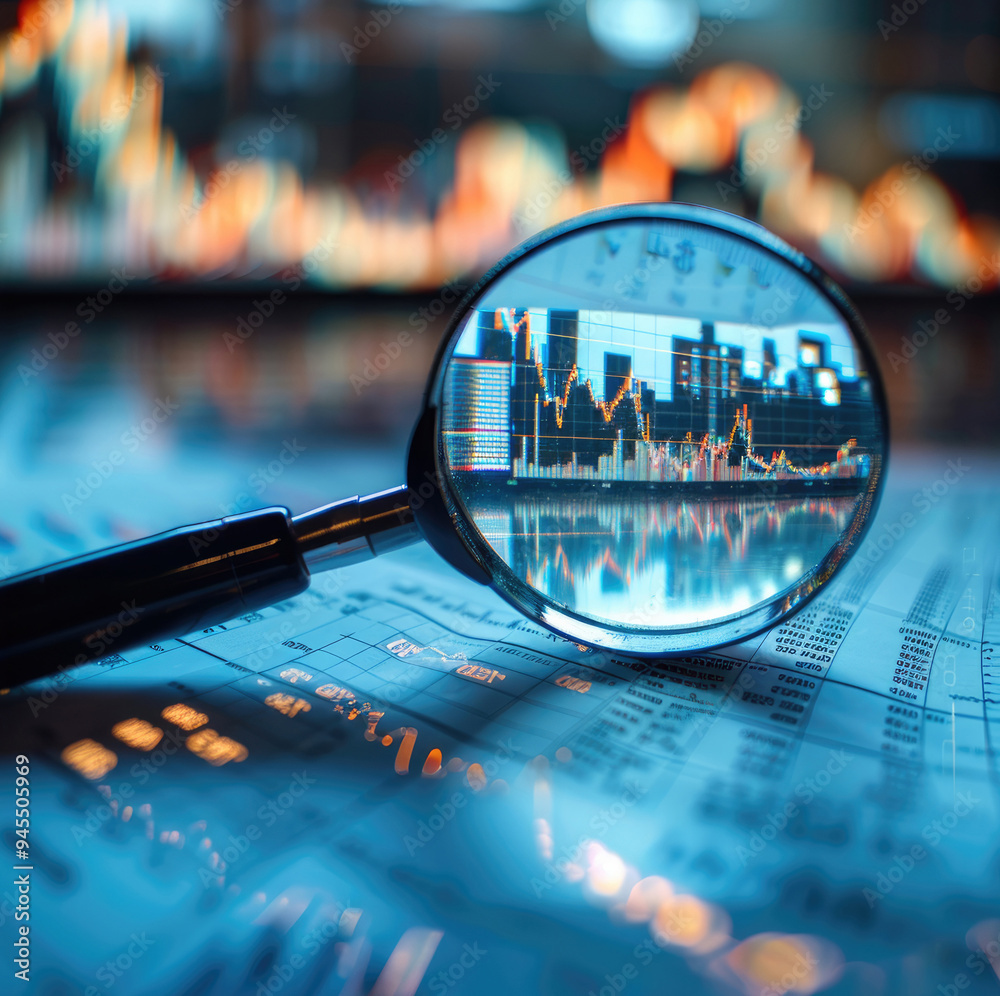 Poster magnifying glass which looks onto charts and different fund market analysis. generative ai.