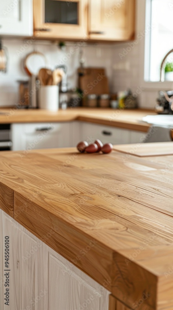Poster a kitchen counter with a wooden top and a few items on it
