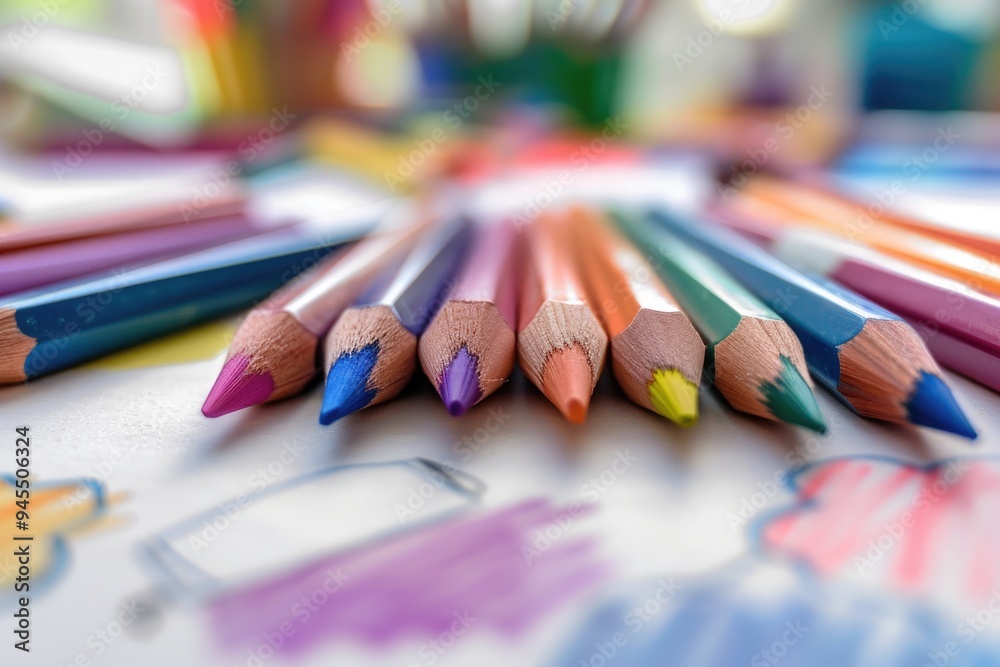 Sticker A collection of colorful pencils arranged on a flat surface, ready for creative use