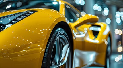 dramatic close up of a high performance yellow supercar