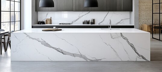 Modern kitchen interior with white marble countertop in minimalist style, 3d rendering