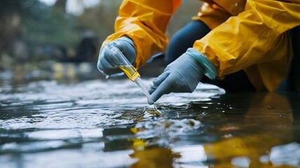 A man in protective gear collects a water sample for study