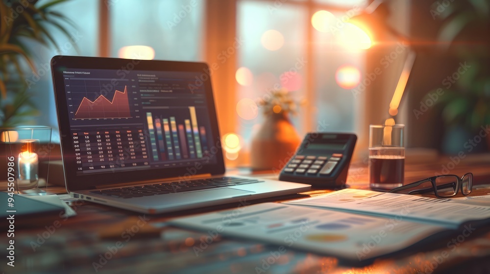 Poster A business workspace with a laptop displaying financial data and a calculator on a wooden desk, with papers showing VAT calculations. Generative AI.