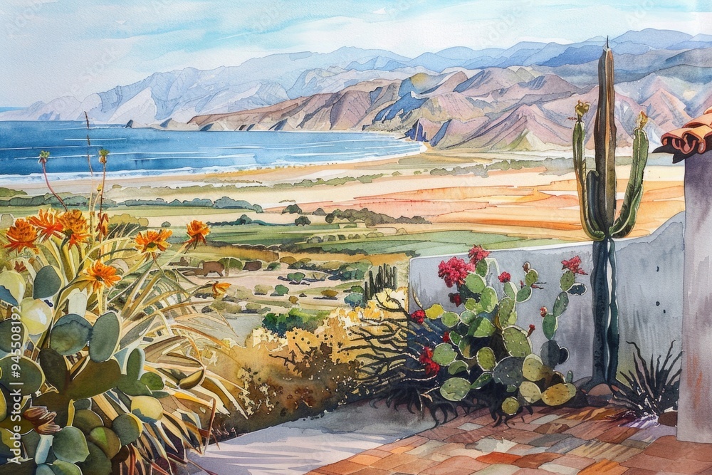 Poster a scenic view of the ocean and mountains, suitable for use in travel or nature themed projects