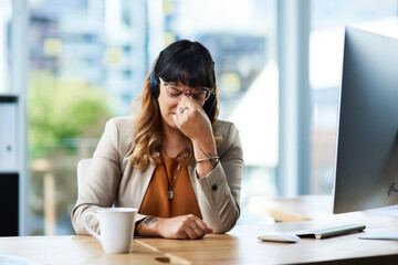 Eye strain headache, computer and business woman in office, exhausted with 404 error and pain....
