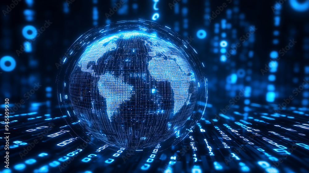 Poster futuristic digital globe with glowing data points and dynamic streams, symbolizing connectivity