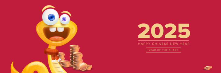 Happy Chinese New Year 2025 wide banner vector design with cute and elegant golden snake and golden coins. Cartoon snake with scarf symbol of 2025 lunar year. New year illustration
