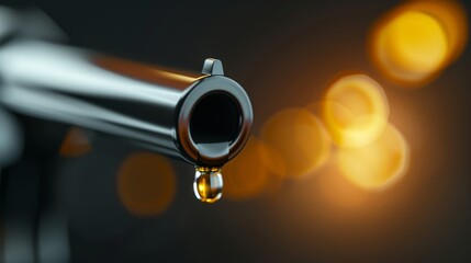 Close-up image of a gun barrel with a droplet, showcasing intricate details and dramatic lighting effects.