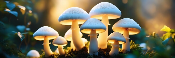 Magical mashroom in fantasy enchanted fairy tale forest with lots of brighness and lighting