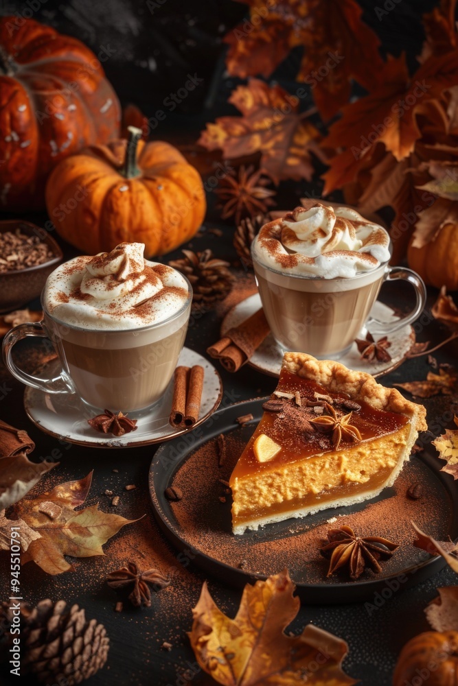 Poster a cozy breakfast scene with two cups of coffee and a slice of pie on a wooden table