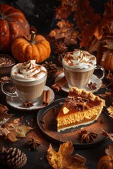 A cozy breakfast scene with two cups of coffee and a slice of pie on a wooden table