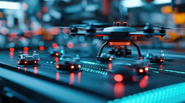 High-tech machines assembling drones with military precision in a futuristic factory, military drone assembly, defense tech