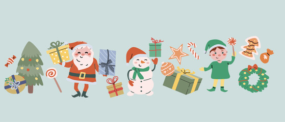 Merry xmas horizontal banner design with cartoon flat santa, snowman and animals. Cute childrens characters with gifts and candy canes. Hand drawn Christmas Festive elements background. Happy Holidays