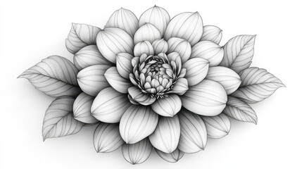 monochrome floral mandala intricate petals forming symmetrical patterns handdrawn style with delicate linework zentangleinspired botanical illustration on stark white background