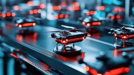 High-tech machines assembling drones with military precision in a futuristic factory, military drone assembly, defense tech