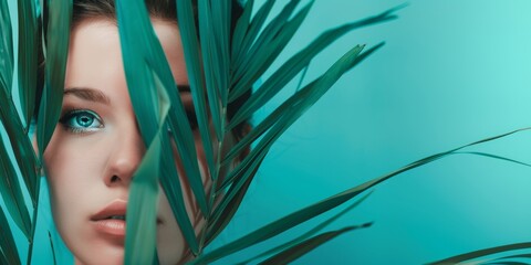 Naklejka premium A close-up portrait of a woman partially obscured by green leaves against a vibrant turquoise background in a serene outdoor setting. With copy space for text.