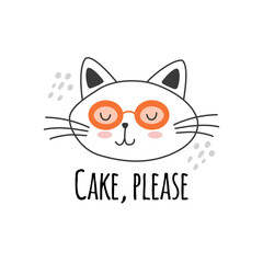 Cute cats in sunglasses with Cake, please words. Characters, stickers, t-shirt designs.