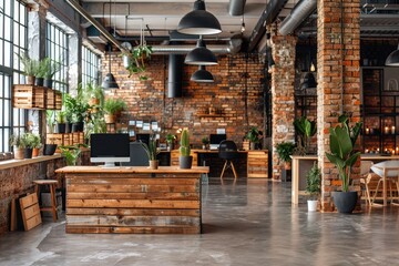 Modern Industrial Office Space with Wooden Desk and Plants