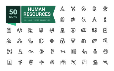 Set of human resource and management icons. Pixel perfect, minimalistic web and UI icon. Outline icon collections. Editable vector illustration.