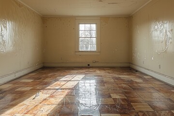Abandoned Room with Peeling Walls and Tile Floor