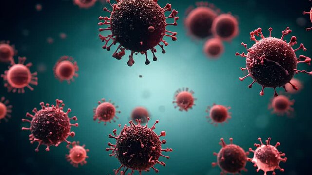 Microscopic view of virus cells mutating and multiplying rapidly in a biological environment