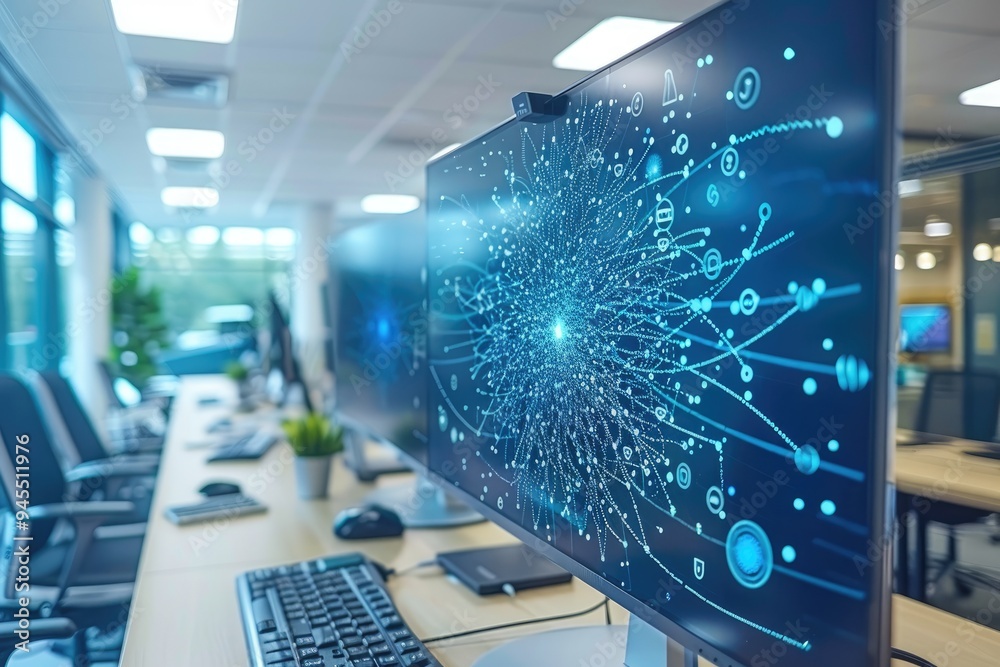 Poster a close-up of a computer screen displaying a network visualization in an office setting