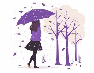 Woman walking in the forest with purple umbrella
