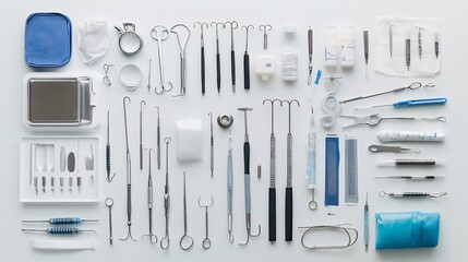 Top view of surgical equipment neatly arranged on a white sterile field ready for use