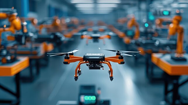 High-tech machines assembling drones with military precision in a futuristic factory, military drone assembly, defense tech