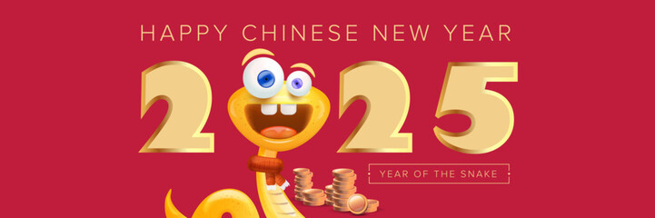 Happy Chinese New Year 2025 wide banner vector design with cute and elegant golden snake and golden coins. Cartoon snake with scarf symbol of 2025 lunar year. New year illustration