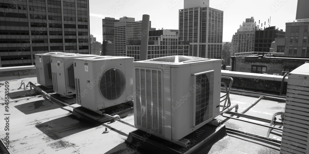 Poster two air conditioners installed on a rooftop, suitable for use in architectural or industrial context